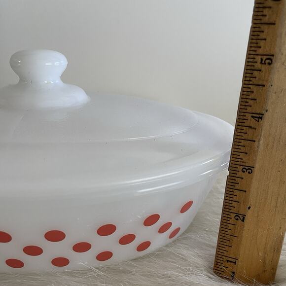 Vintage Glasbake White 1 Quart Casserole Dish W/ Lid Red Polka Dots Rare - Picture 8 of 8